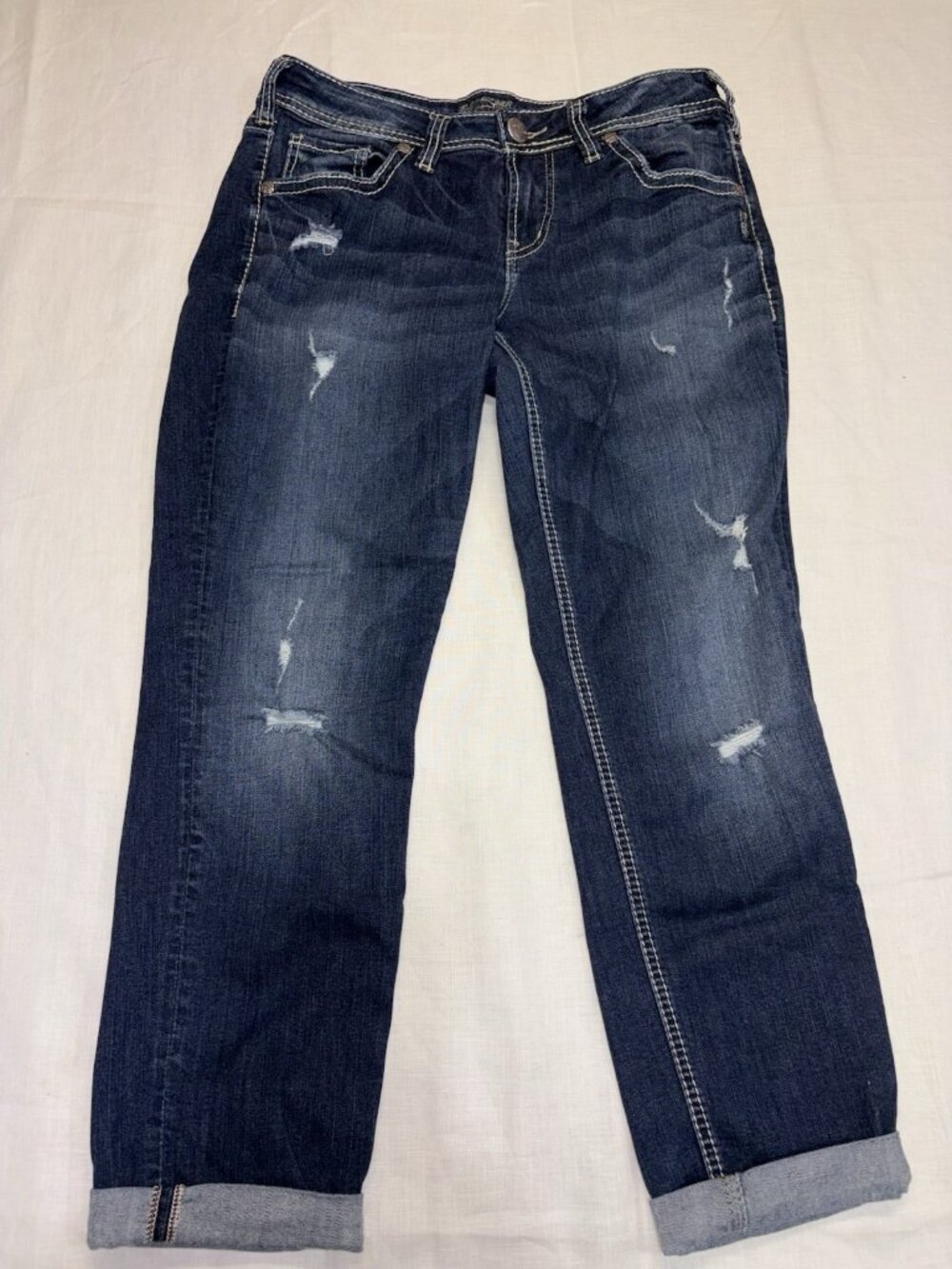 Silver Fluid Boyfriend Jeans Women 29X25 Cuffed Ankle Stretch Distressed